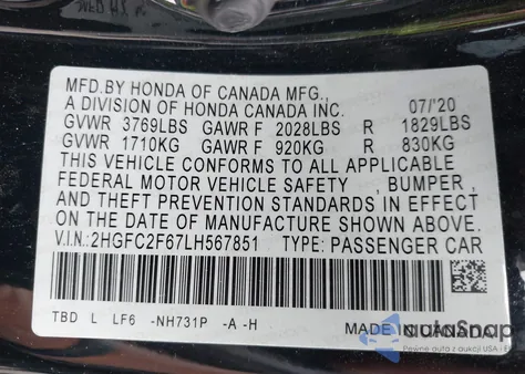 2020 Honda Civic Lx from USA, damaged, VIN 2HGFC2F67LH567851
